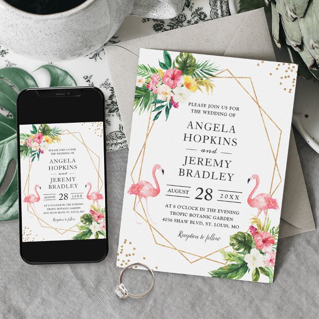 Tropical Floral Gold Rahmen Flamingo Sommer Hochze Einladung (Von Creator hochgeladen)