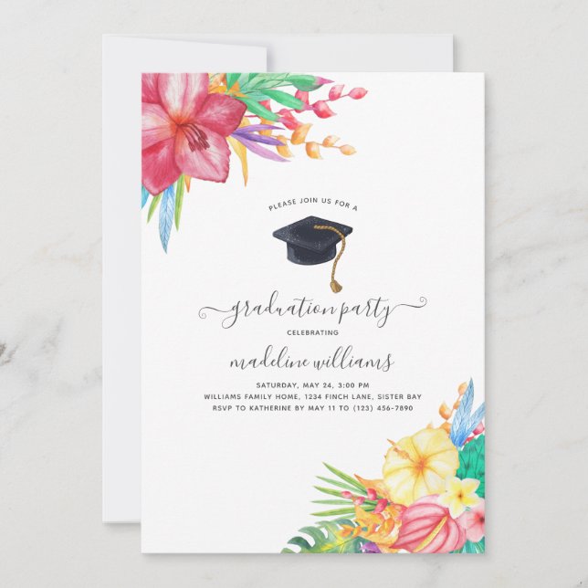 Tropical Floral Graduation Party Einladung (Vorderseite)