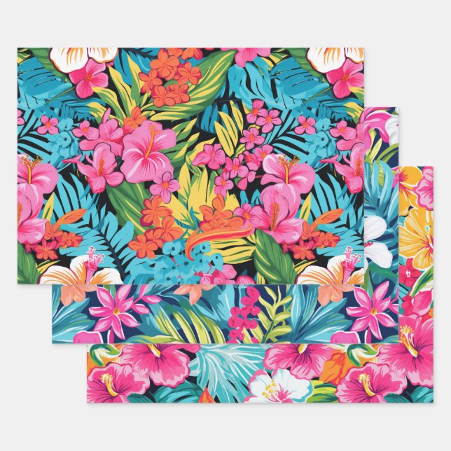 Tropical Floral Hibiscus Plumeria Pattern Design Geschenkpapier Set (Set)