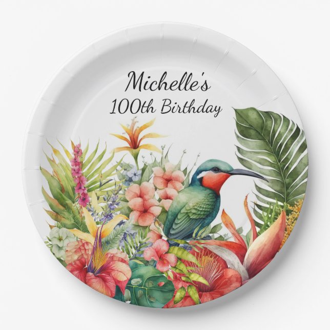 Tropical Floral Hummingbird 100. Geburtstag Pappteller (Vorderseite)