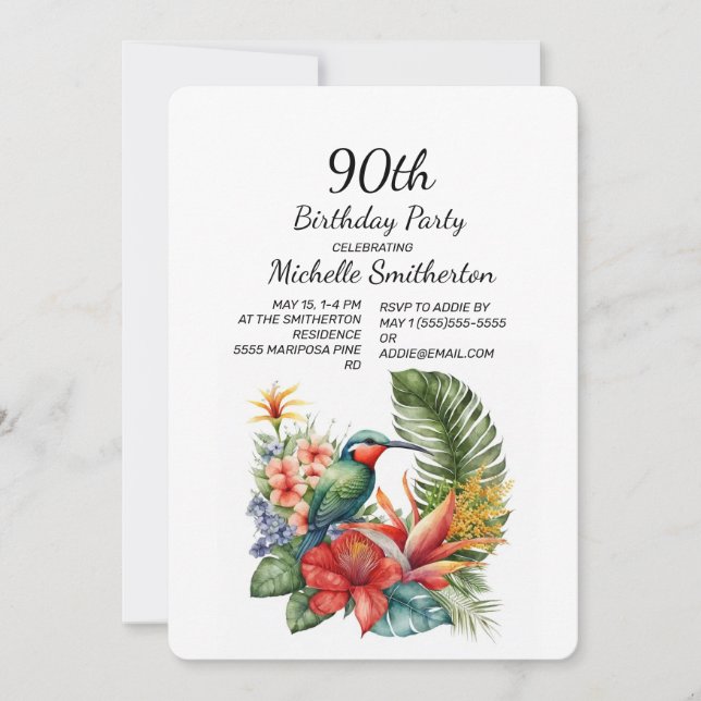 Tropical Floral Hummingbird 90. Geburtstag Einladung (Vorderseite)