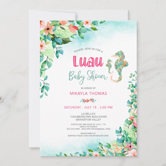 Tropical Floral Luau Baby Dusche Seepferd Einladung (Vorderseite)