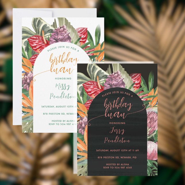 Tropical Floral Luau Birthday Einladung (Tropical vibe for your luau themed party. Great for pool parties and BBQ too.)