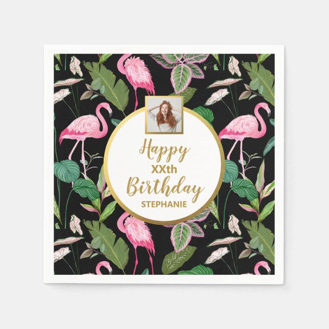 Tropical Floral Luau Flamingo Birthday Foto Serviette (Vorderseite)