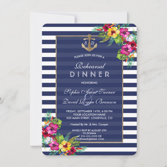 Tropical Floral Luau Marine Stripes PROBE DINNER Einladung (Vorderseite)