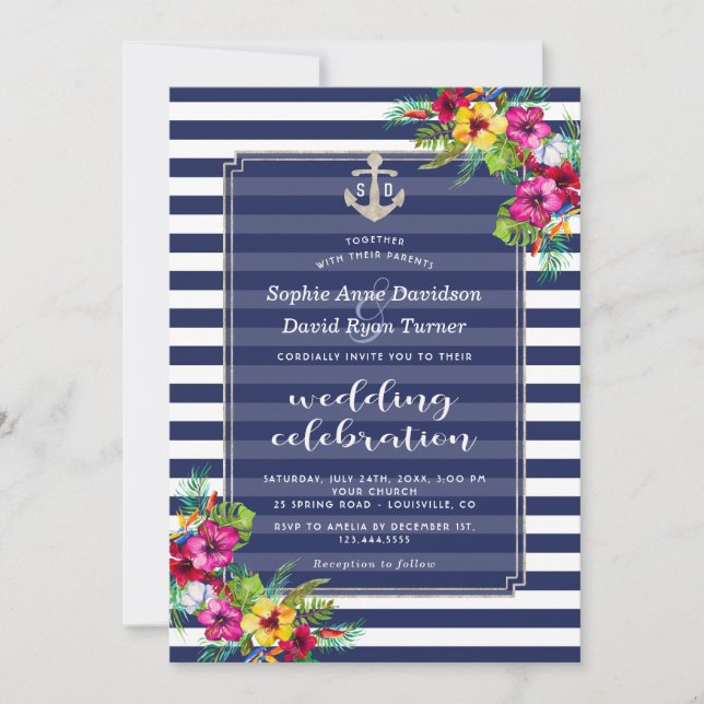 Tropical Floral Luau Navy Blauer Streifen Hochzeit Einladung (Vorderseite)