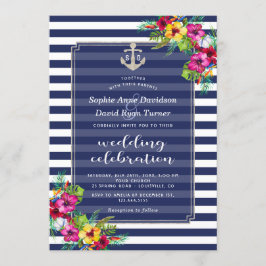 Tropical Floral Luau Navy Blauer Streifen Hochzeit Einladung