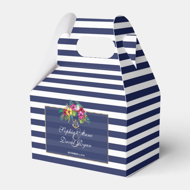 Tropical Floral Luau Navy Blauer Streifen Hochzeit Geschenkschachtel (Vorderseite)