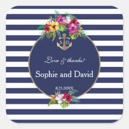 Tropical Floral Luau Navy Blauer Streifen Hochzeit Quadratischer Aufkleber