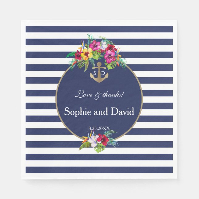 Tropical Floral Luau Navy Blauer Streifen Hochzeit Serviette (Vorderseite)