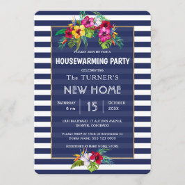 Tropical Floral Luau Navy Blue Housewarming Party Einladung