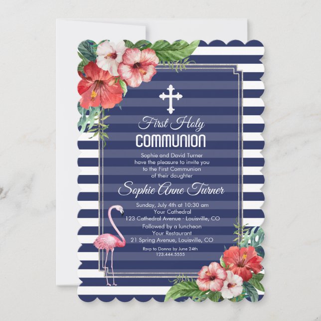 Tropical Floral Luau Navy Erste Heilige Kommune Einladung (Vorderseite)