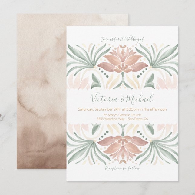 Tropical Floral Mexican Fliesen Hochzeit Einladung (Vorne/Hinten)