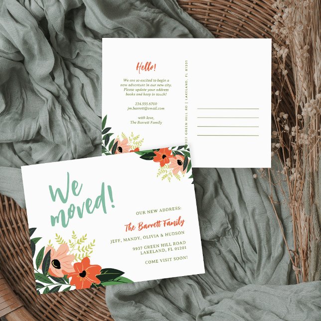 Tropical Floral New Address Postcard | Korallen Ankündigungspostkarte (Von Creator hochgeladen)