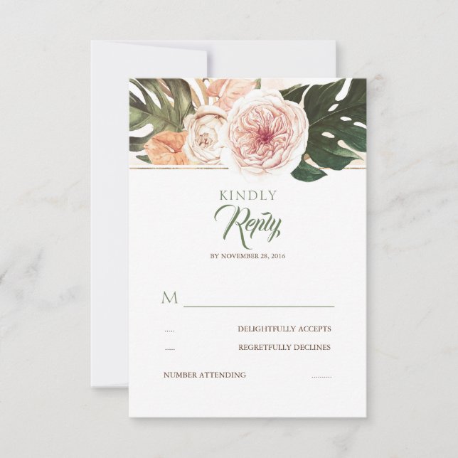 Tropical Floral Palm Blätter Wedding RSVP (Vorderseite)