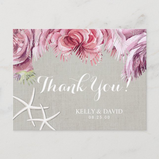 Tropical Floral Palm Tree Beach Starfish Vielen Da Postkarte (Vorderseite)