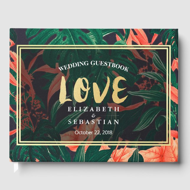 Tropical Floral Pflanze Gold Frame Wedbook Gästebuch (Vorderseite)