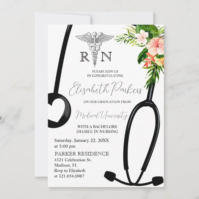 Tropical Floral RN Nursing School Graduation Party Einladung (Vorderseite)
