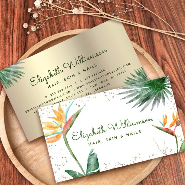 Tropical Floral Script Gold White Beauty Salon Visitenkarte (Von Creator hochgeladen)