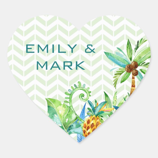 Tropical Floral Wedding Custom Herz-Aufkleber (Vorderseite)