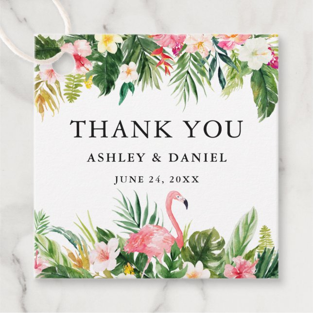 Tropical Floral Wedding Danke Flamingo Geschenkanhänger (Vorderseite)