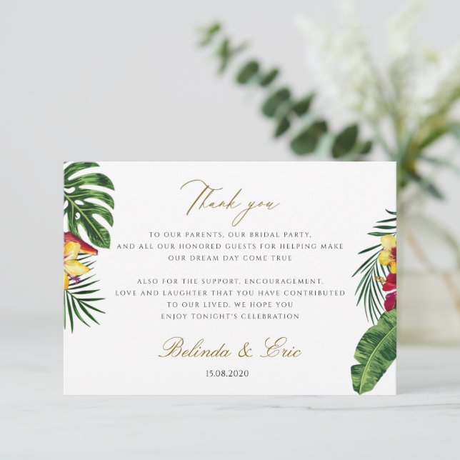 Tropical Floral Wedding Danke Karte (Stehend Vorderseite)