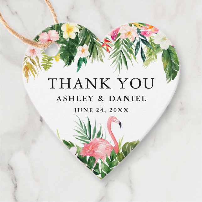 Tropical Floral Wedding Flamingo Vielen Dank Geschenkanhänger (Vorderseite)