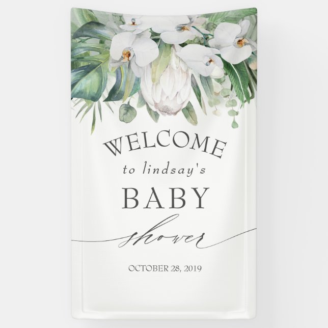 Tropical Floral White King Protea Babydusche Banner (Vertikal)