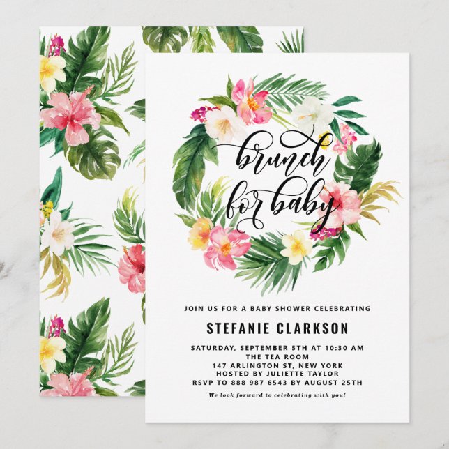 Tropical Floral Wreath Baby Dusche Brunch Einladung (Vorne/Hinten)