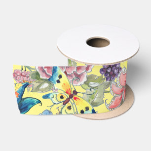 Tropical Floral Yellow Butterfly Oriental Garden Satinband