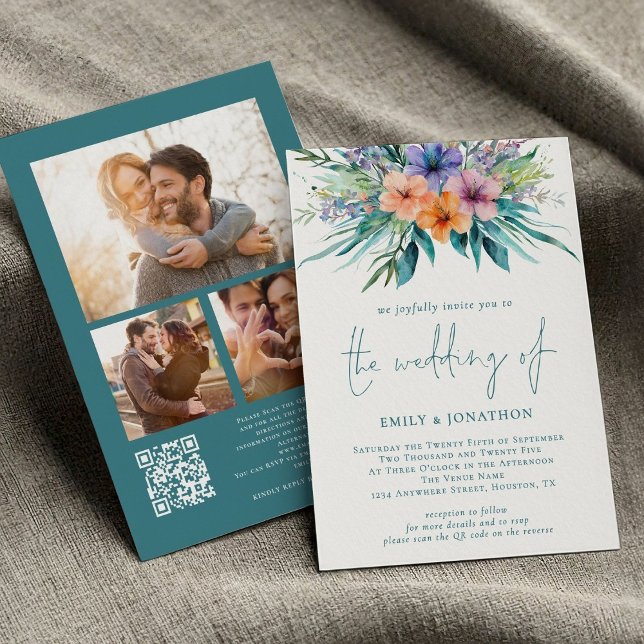 Tropical Florals 3 Fotos QR Aquamarin Hochzeit Einladung (front and back view)