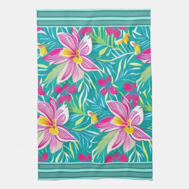 Tropical Florals Pink Shades auf Aquamarinen mehrf Geschirrtuch (Vertikal)