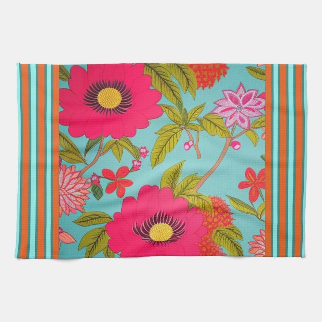 Tropical Florals Pink Shades mit Aquamarinem Orang Geschirrtuch (Horizontal)