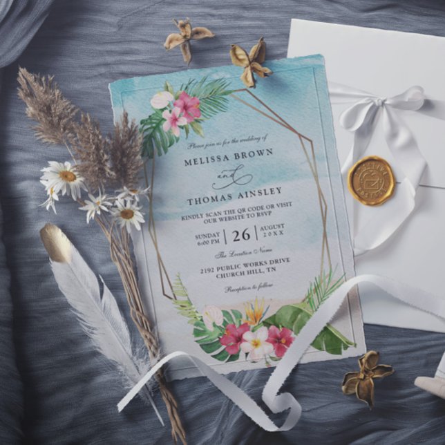 Tropical Flower Beach Elegant QR Code Wedding Einladung (Von Creator hochgeladen)