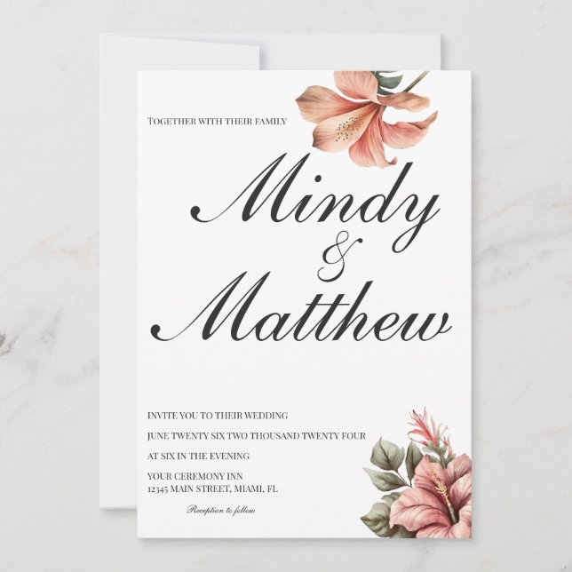 Tropical Flowers Black and White Script Wedding Einladung (Vorderseite)