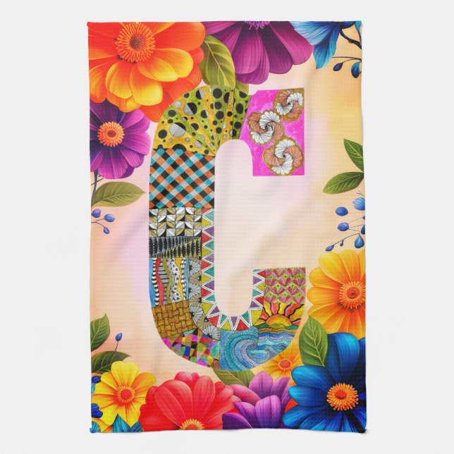 Tropical Flowers Monogram C Kitchen Towel Geschirrtuch (Vertikal)