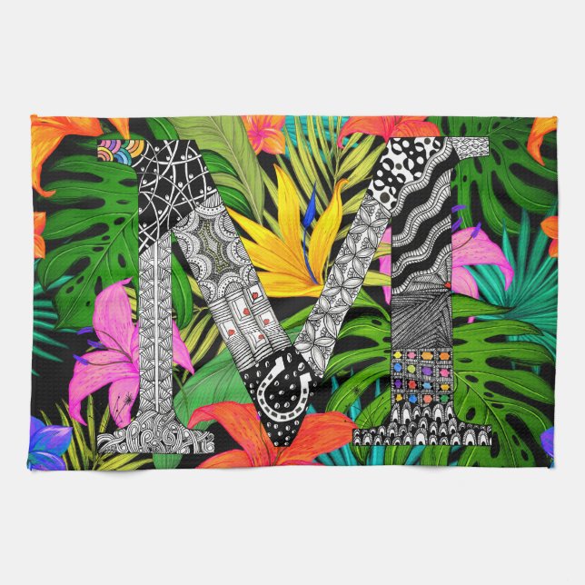 Tropical Flowers Monogram M Kitchen Towel Geschirrtuch (Horizontal)