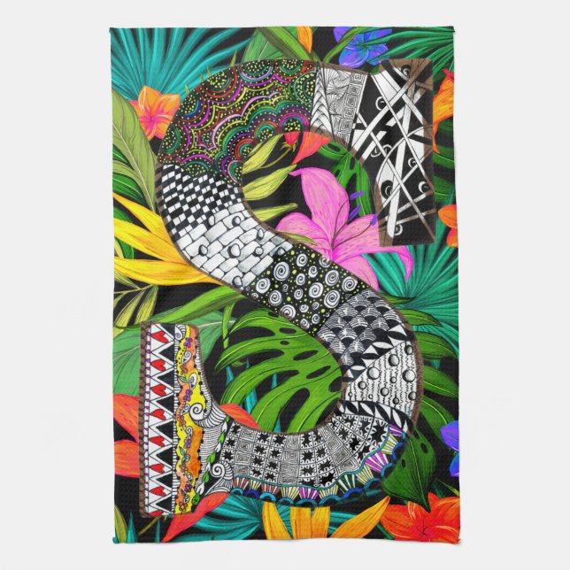 Tropical Flowers Monogram S Kitchen Towel Geschirrtuch (Vertikal)