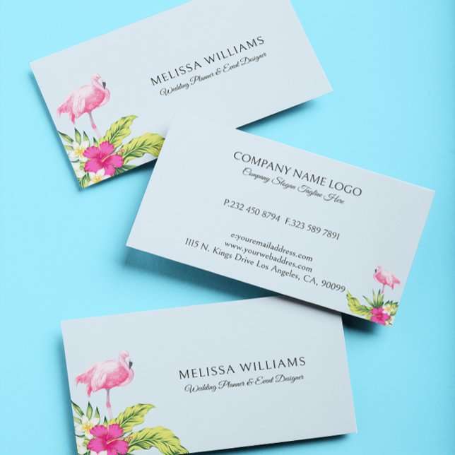 Tropical Flowers & Pink Flamingo On Blue Business Visitenkarte (Von Creator hochgeladen)