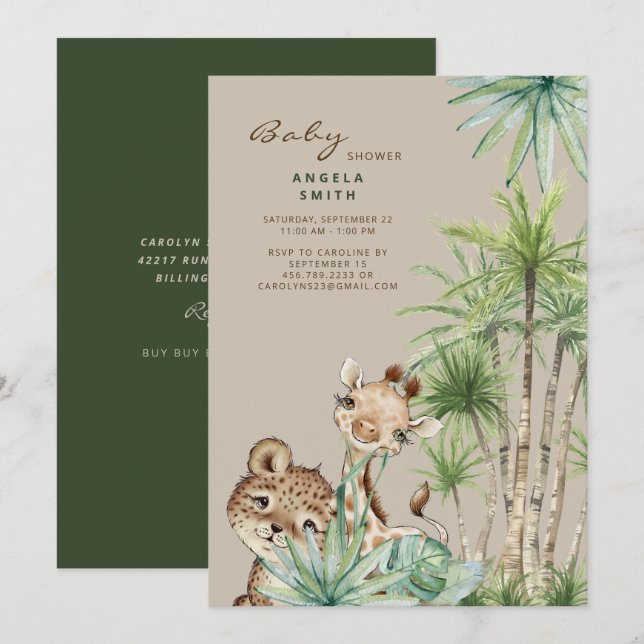 Tropical Foliage Baby Animals II Kinderdusche Einladung (Vorne/Hinten)