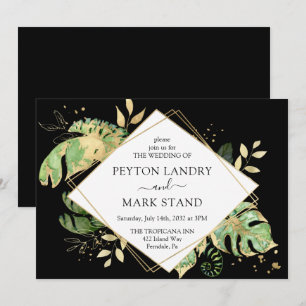 Tropical Foliage Black & Gold Geometric Wedding Einladung