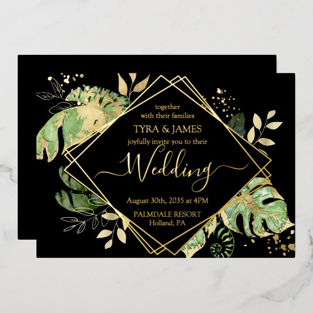 Tropical Foliage Black & Gold Geometric Wedding Folieneinladung (Vorderseite/Rückseite)