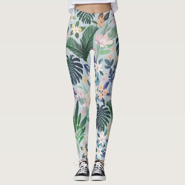 Tropical Foliage Floral Pattern Leggings (Vorderseite)