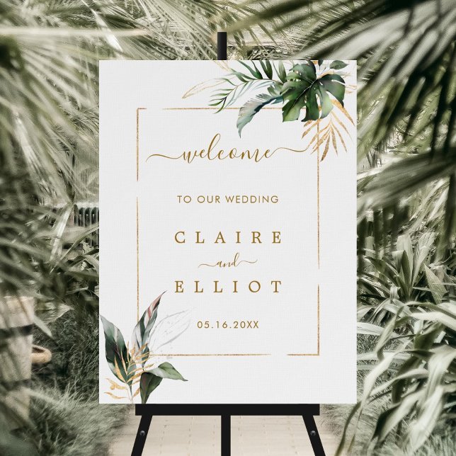 Tropical Foliage Gold & Green Mariage Affiche de b (Créateur téléchargé)