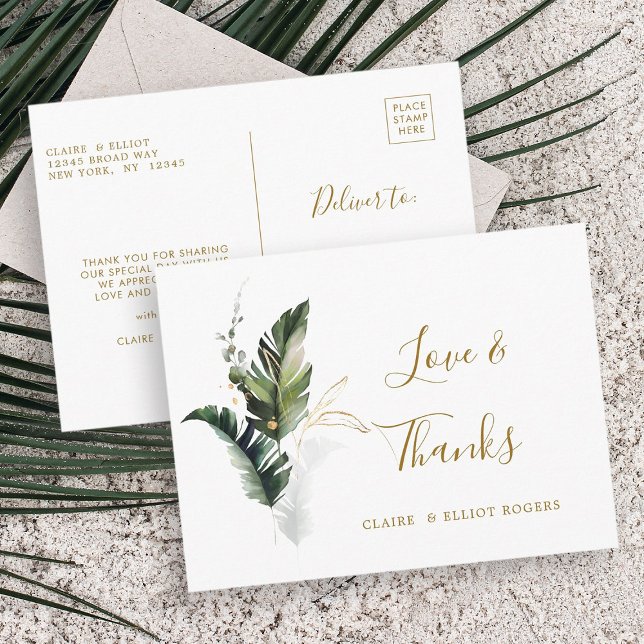 Tropical Foliage Gold Hochzeit Vielen Dank Postkarte (Front & Back)