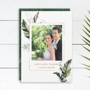 Tropical Foliage Gold Wedding Foto Danke Karte