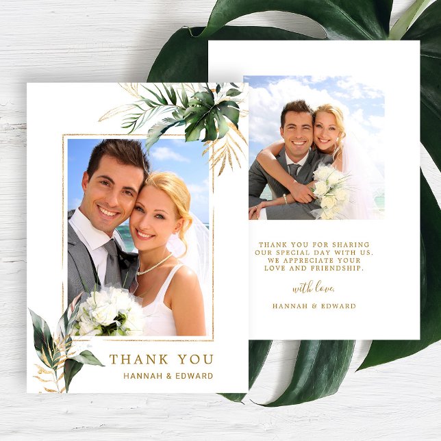 Tropical Foliage Gold Wedding Foto Dankeskarte (Front & Back)