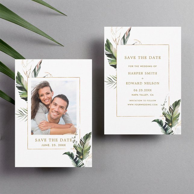 Tropical Foliage Gold Wedding Foto Save the Date (Front & Back)