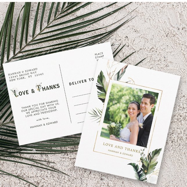 Tropical Foliage Gold Wedding Foto Vielen Dank Postkarte (Front & Back)