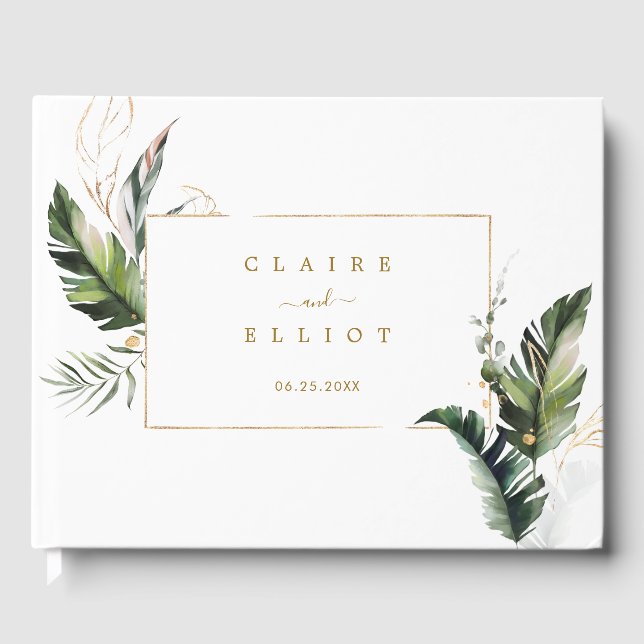 Tropical Foliage Gold Wedding Guest Book Gästebuch (Vorderseite)